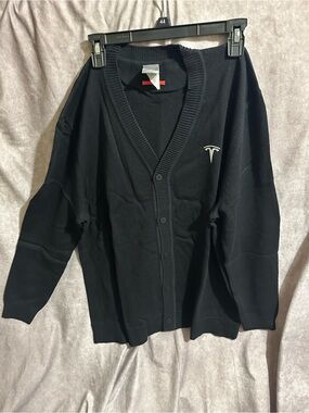 Tesla Black Button-Up V-Neck Cardigan with Contrast Logo